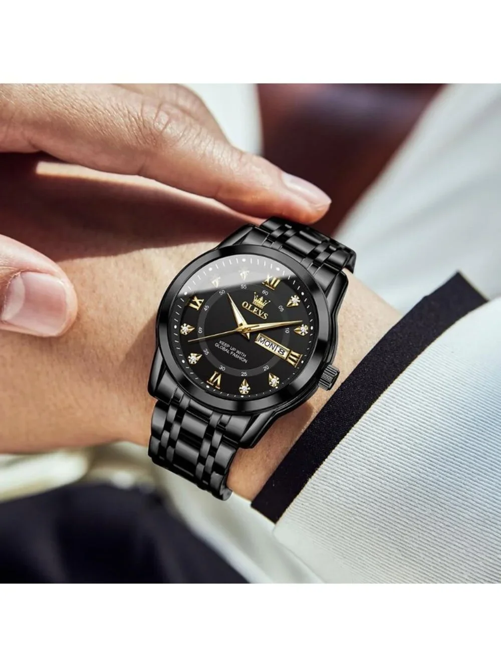 Olevs Mens Black Dial Diamond Wrist Quartz Stainless Steel Luminous Luxury Watch